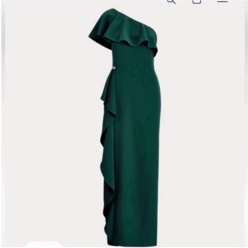 Lauren Ralph Lauren Dark Green One-Shoulder Ruffle Gown